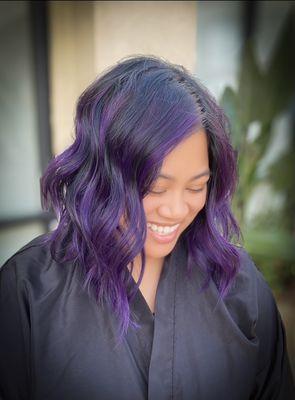 Violet balayage and an angled long bob