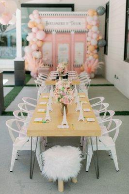 Paris birthday party! Bake kids chairs, natural mid century modern kids table