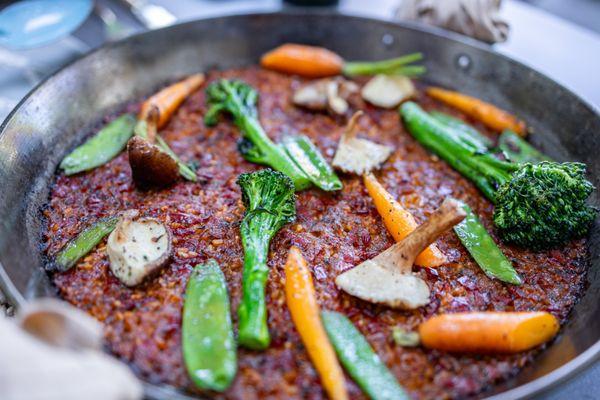 Paella Vegetariana ($46/2 servings)
 Seasonal Mushrooms, Snow Peas, Carrots, Broccoli, Aioli