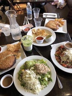 Cheesy chips and salsa with Avo and pasta with salads