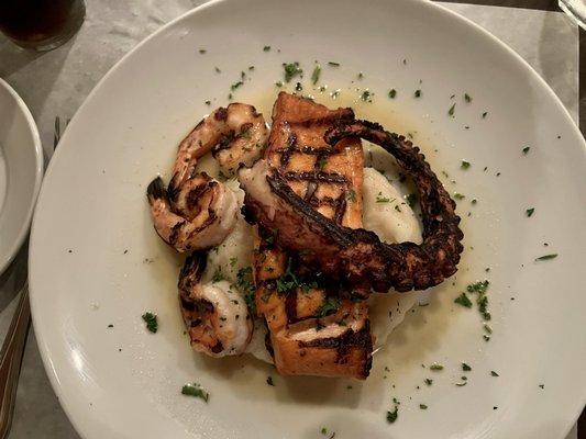 Grilled Salmon, Octopus, Shrimp On A Bed Of Garlic Mashed Potatoes