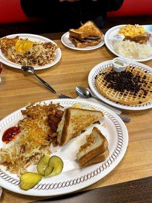 Texas Bacon Melt and Hashbrowns, Chocolate Chip Waffle