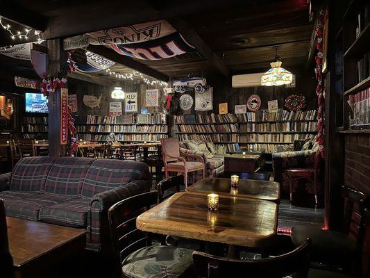 Cozy book stacks sitting area