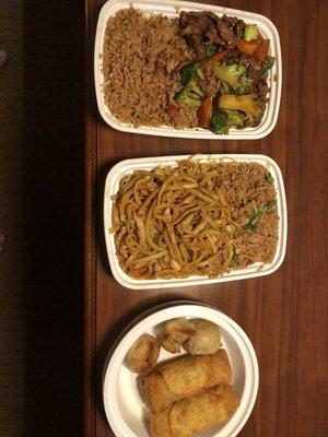 Beef and broccoli, chicken lo mein, pork fried rice, home made fried dumplings, and egg rolls.