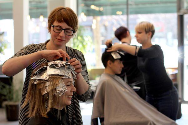 Our senior stylists working to acheive hair greatness!