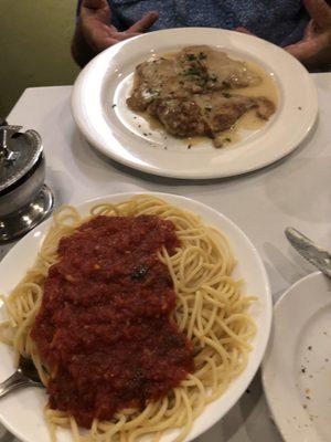 Veal Francese with a side of spaghetti pomodora.