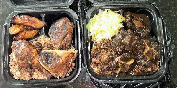 L: Small Jerk Chicken Dinner w Rice and Peas, 3 Piece Fried Plantains.  R:Small Oxtail Dinner w Rice and Peas, cabbage.