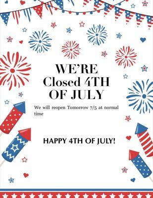 Wonderful Beauty Supply will be closed On the 4th of July and will reopen Wednesday at normal time.