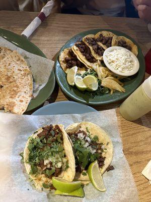 tacos fajita y pastor, 5 taquitos plate, beef quesadilla