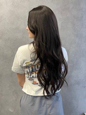 dark brunette demi color and matching tape-in extensions