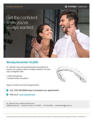 Invisalign Day November 16,2020 Free Consultation, Free Panoramic xrays and Free Zoom whitening after treatment completion