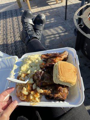 Dry rubbed wings, Mac and cheese, potato salad and warm bread. Yum!