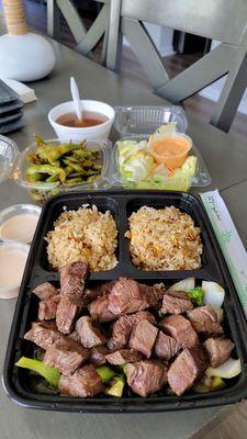 Steak Hibachi.  Spicy Garlic Edamame.