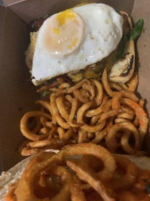 Breakfast Club Burger with curly fries