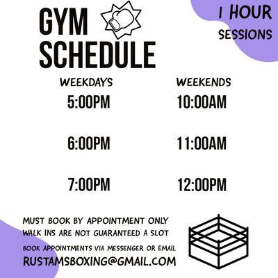 New Schedule. 1 hour time slots. Appointment only.