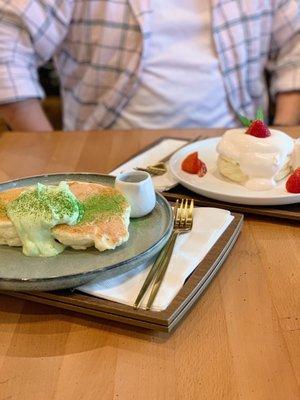 Matcha pancake and strawberry pancake