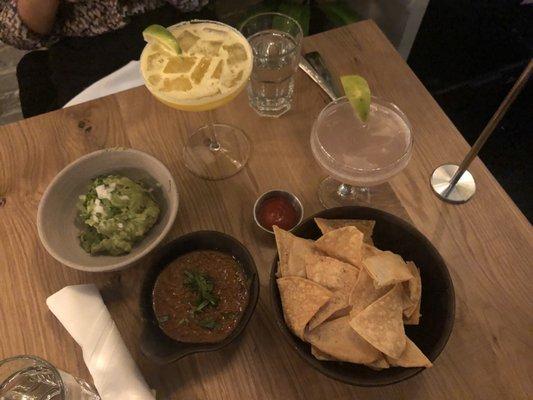 From the top, clockwise: Passion Fruit Margarita, Don Ciccio, chips and salsa/guacamole