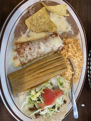 Combo plate. Tamale, taco, enchilada. It was tasty.