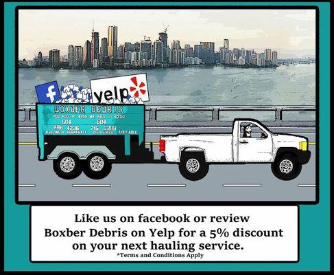 Boxber Debris appreciates customer feedback through Yelp, Facebook, Google, Twitter, Instagram, and www.boxberdebris.com.