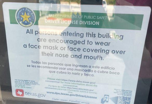 Face mask encouraged. They do not have extras onsite to give out. ~Taken on 8/11/2021