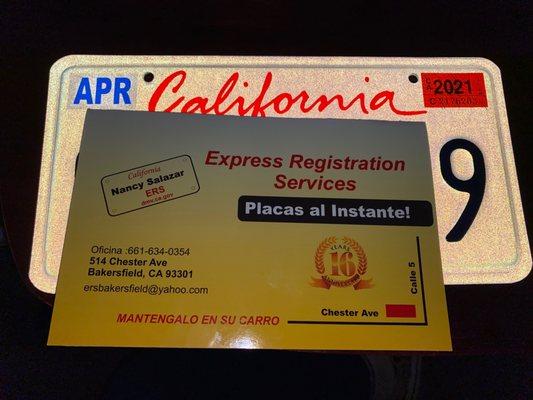 New license plates & registration after they had been stolen!