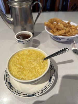 Egg drop soup, noodles & hot tea