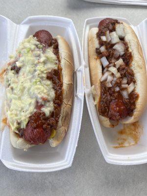 Hot dogs- 
 Chili, mustard, and slaw (left)
 Chili, mustard, onions (right)