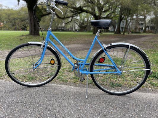 My 1974 Schwinn Breeze 3 speed, rebuilt and customized with a taller stem for my height.