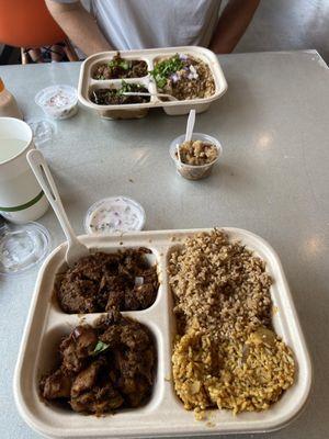 Closest - half biryani rice half lentil soup rice, spicy coconut chicken, beef Farther - biryani rice with a gravy, mutton, and eggplant