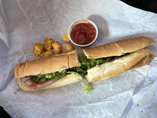 Hog Island (Italian) sub with the best tator tots!! So crispy!