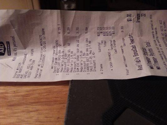 Our Rite Aid sales receipt.