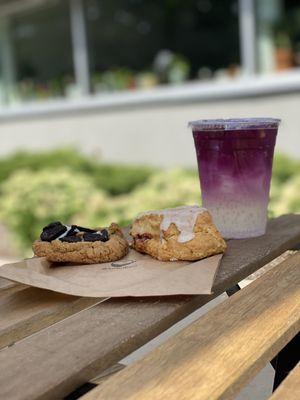 Oreo in a cookie, raspberry lemon scone, sparkling lemonade with butterfly flower pea tea