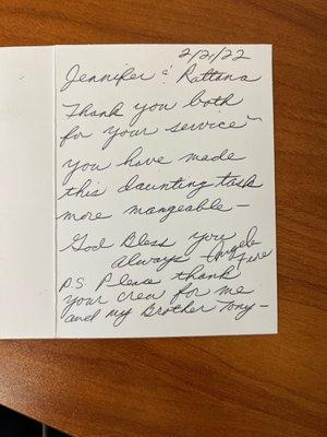 Thank you card from a customer.