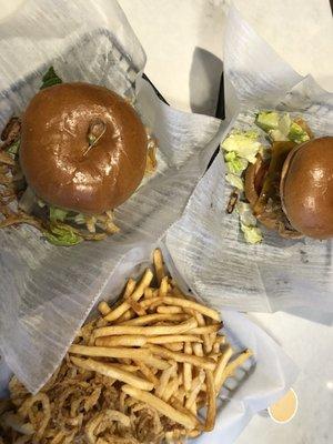 Burgers with Half Half (onion strings and fries)