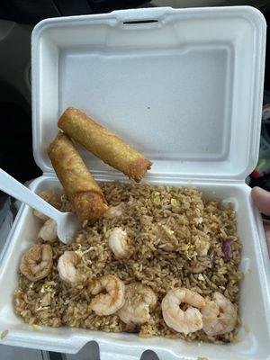 Large shrimp fried rice and order of egg rolls