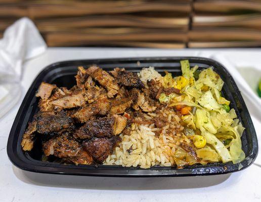 Jerk Pork with Rice & Peas and Cabbage