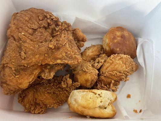 Chicken breast, 4 piece tenders. Honey Biscuits. Good!