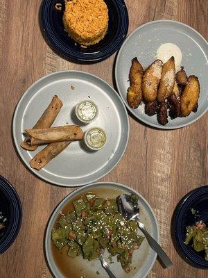 Mexican rice, fried plantains, grasshopper tacos, ensalada de nopal