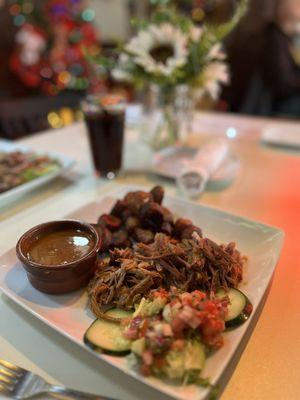 Pernil, fried plantains and beans