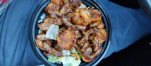 Shrimp and steak with brown rice and veggies