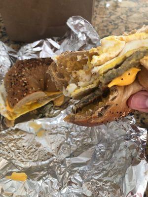 Turkey sausage, egg & cheese on whole wheat everything bagel