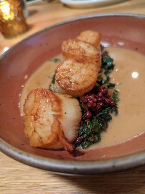 Scallops. $35. Rainbow chard, pickled elberberries, chili pepper nage.