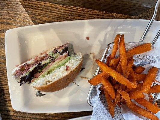 Burger and sweet potato fries