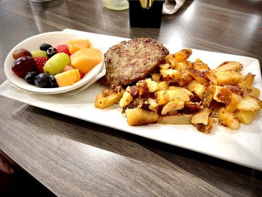 Sides with Belgium waffle combo I chose: fruit vs eggs, Sausage Patties & home fries