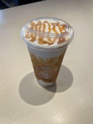 Vanilla Bean frap with extra caramel drizzle in the cup