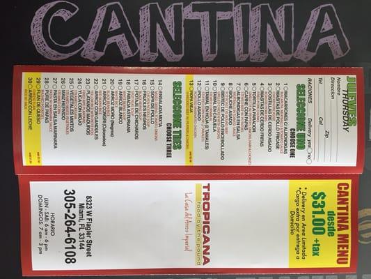 Cantinas 31$ + Tax Mon-Fri ... Thursday Menu