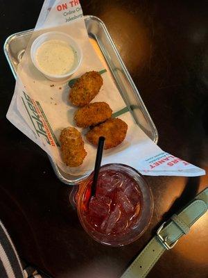 Stuffed Jalapenos & Drink (Don Q Passion Fruit Rum and Cranberry juice)