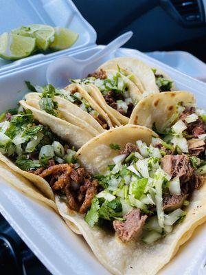 Carne, Sada, lengua and el pastor tacos