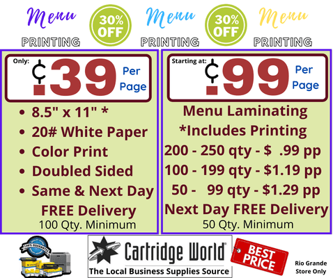 Best Prices for Menu Printing & Laminating