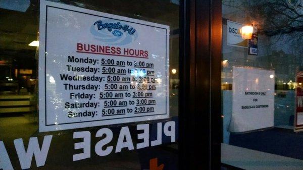 Hours; bathrooms for customers only.